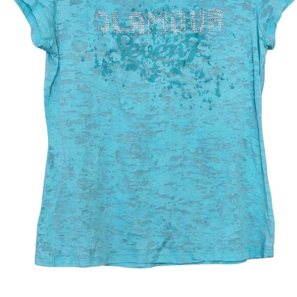Seven7 Womens Burnout Tee Size L Blue Sheer Short Sleeve Embellished Top - Picture 4 of 11